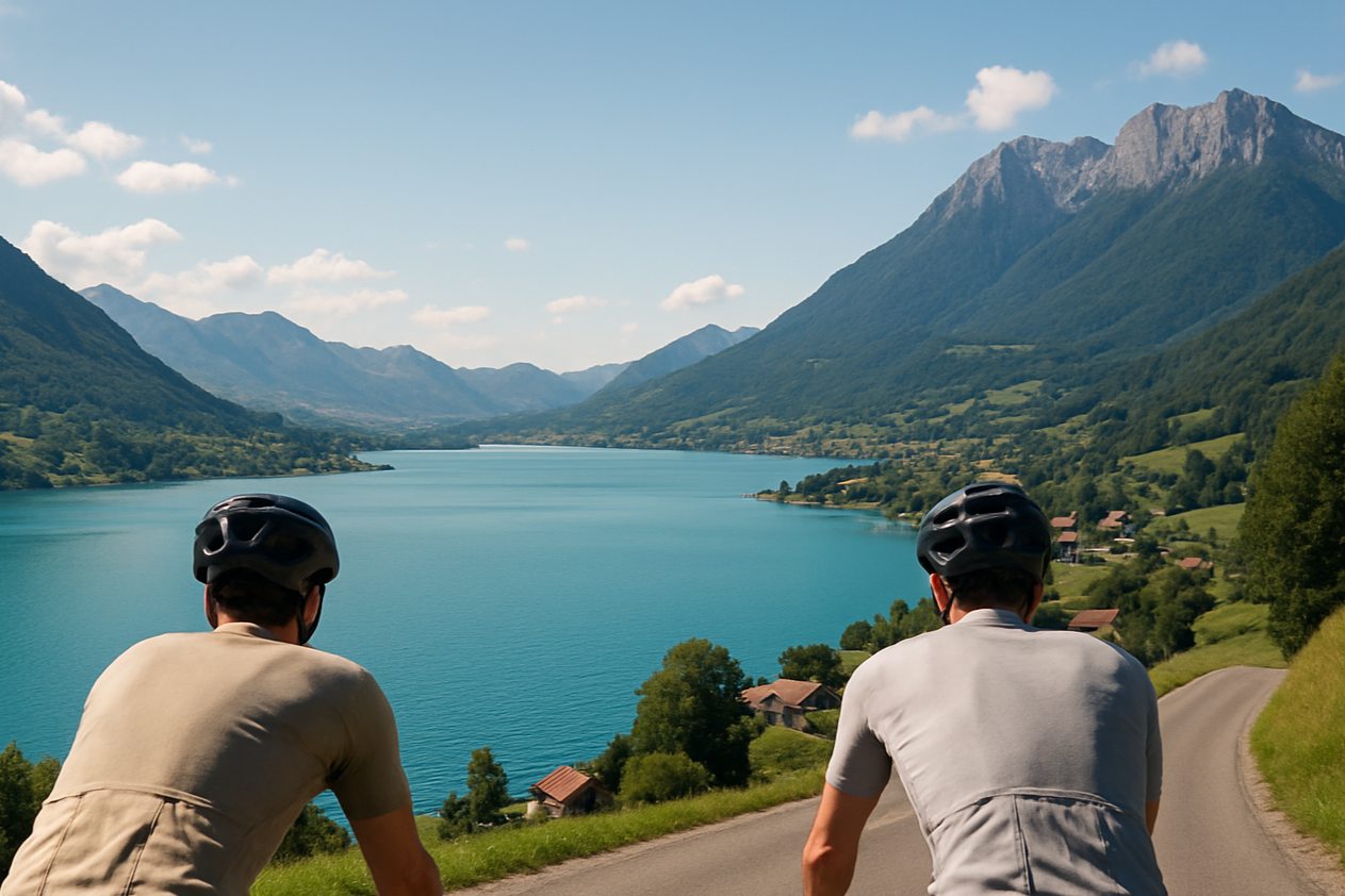 deux cyclistes de dos avec des maillots neutre vers un paysage type le lac d'Annecy